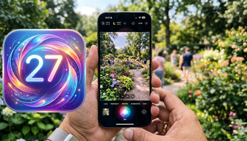 From Phonegram: A person holding a smartphone to photograph a blooming garden, with the colorful '27' app icon on the left, highlighting compatibility with the iOS 27 system.