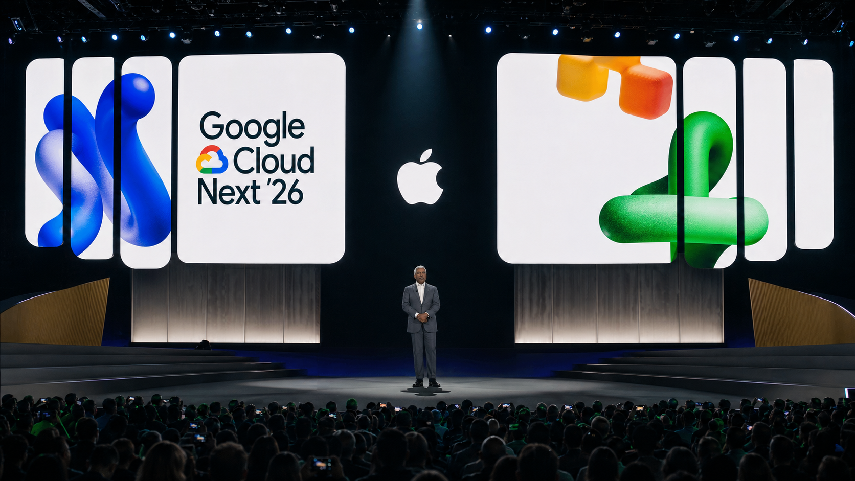 من موقع فون إسلام: يقف أحد المتحدثين على خشبة المسرح أمام شاشات كبيرة تعرض شعاري Google Cloud Next '26 وApple، ويسلط الضوء على التطورات التي حدثت مثل سيري ذكاء اصطناعي جميناي، بينما يتابع الجمهور باهتمام في المؤتمر.