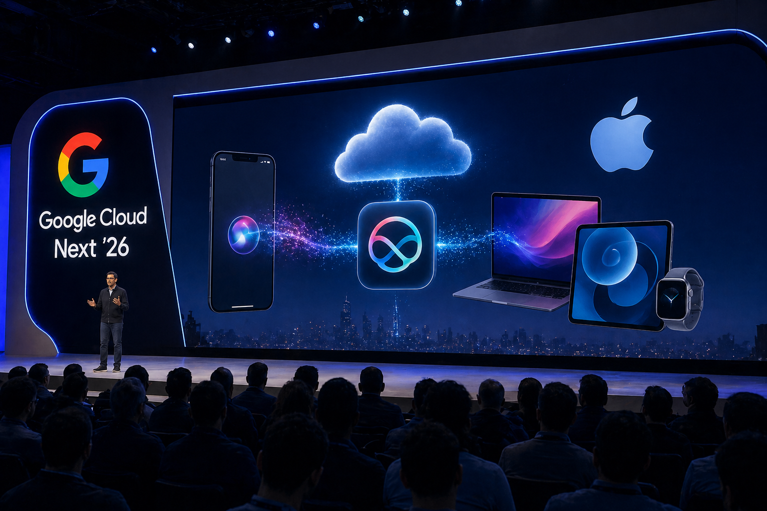 من موقع فون إسلام: يعرض أحد المتحدثين في مؤتمر Google Cloud Next '26، شريحة تظهر فيها أجهزة Apple وأيقونة السحابة وإشارات إلى جميناي وسيري ذكاء اصطناعي، مسلطًا الضوء على التكامل بين Google Cloud AI ومنتجات Apple.