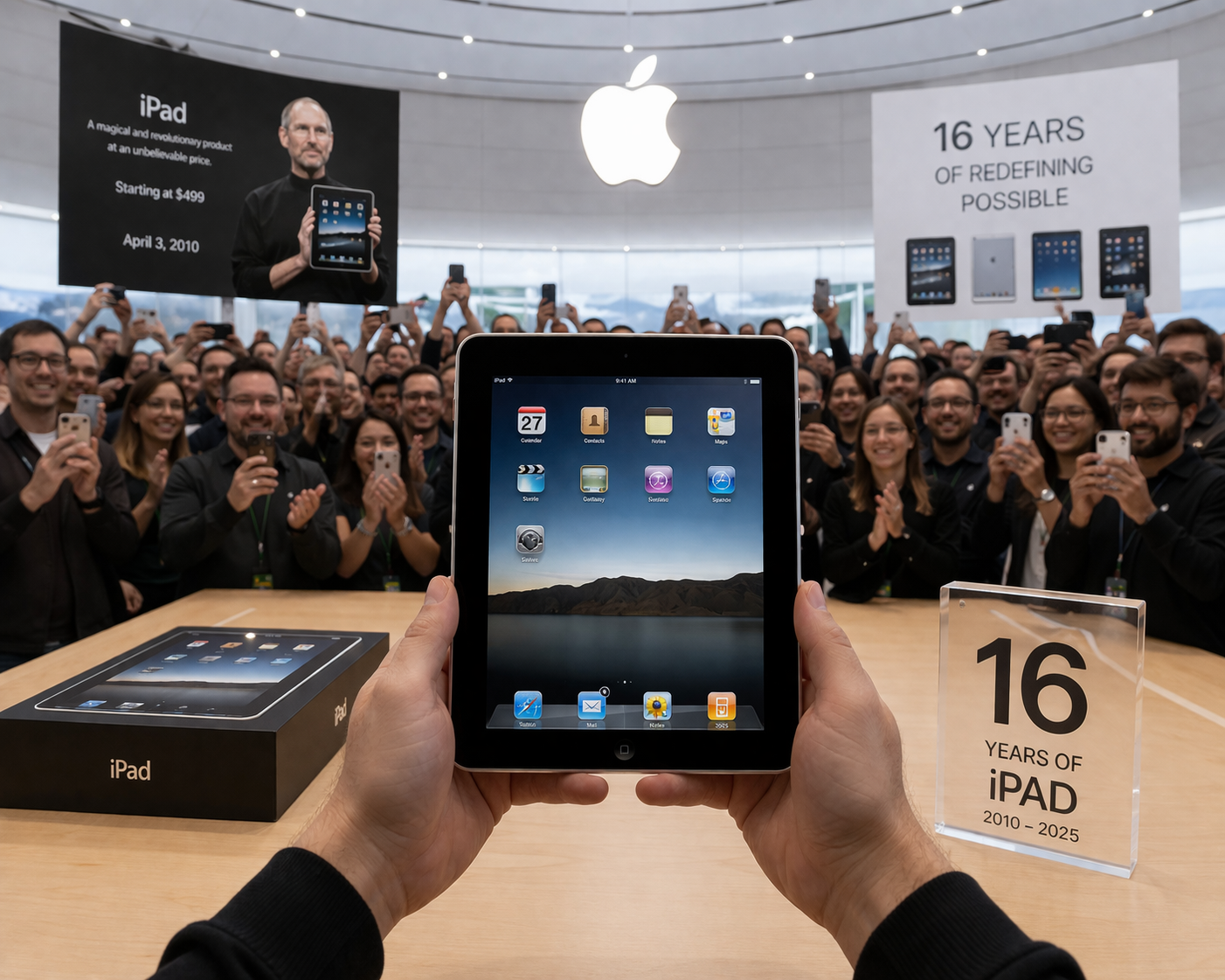 من موقع فون إسلام: شخص يحمل جهاز iPad الأصلي أمام حشد من الناس في إحدى فعاليات شركة Apple، مع لافتات تحمل علامة ذكرى إطلاق الآي باد الأصلي والاحتفال بمرور 16 عامًا على إطلاق الآي باد من 2010 إلى 2025.