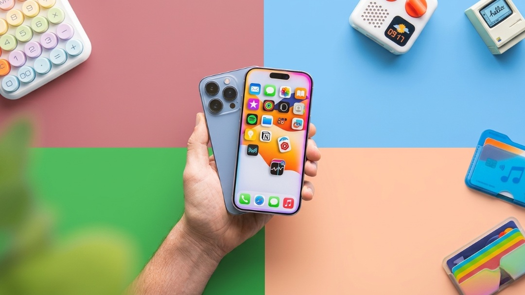 من موقع فون إسلام: يد تحمل هاتف آيفون تعرض أيقونات تطبيقات مختلفة، وبجانبها هاتف آيفون آخر، على خلفية ملونة ومقسمة من الأدوات والألعاب - تدعوك لاكتشاف أسرار الآي فون في مشهد تقني نابض بالحياة.