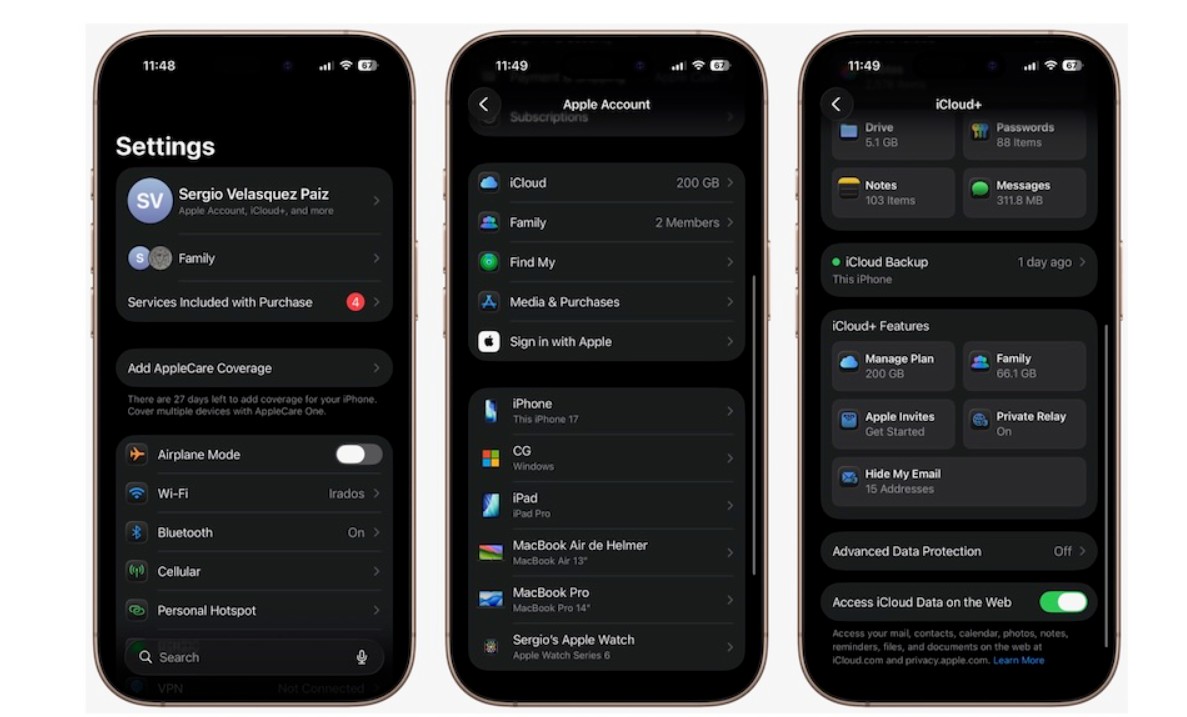 من موقع فون إسلام: تعرض ثلاث شاشات آيفون قائمة الإعدادات في الوضع المظلم، وتكشف عن أسرار الآي-فون مثل معرف Apple و iCloud ومعلومات الجهاز تحت أقسام مختلفة.