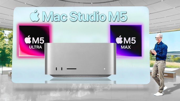 من موقع فون إسلام: شخص يقف بجانب شاشة تعرض جهاز Apple Mac Studio M5، مع رسومات لرقائق M5 Ultra و M5 Max في الخلفية، مع تسليط الضوء على الابتكارات في ماك ستوديو وماكيني.