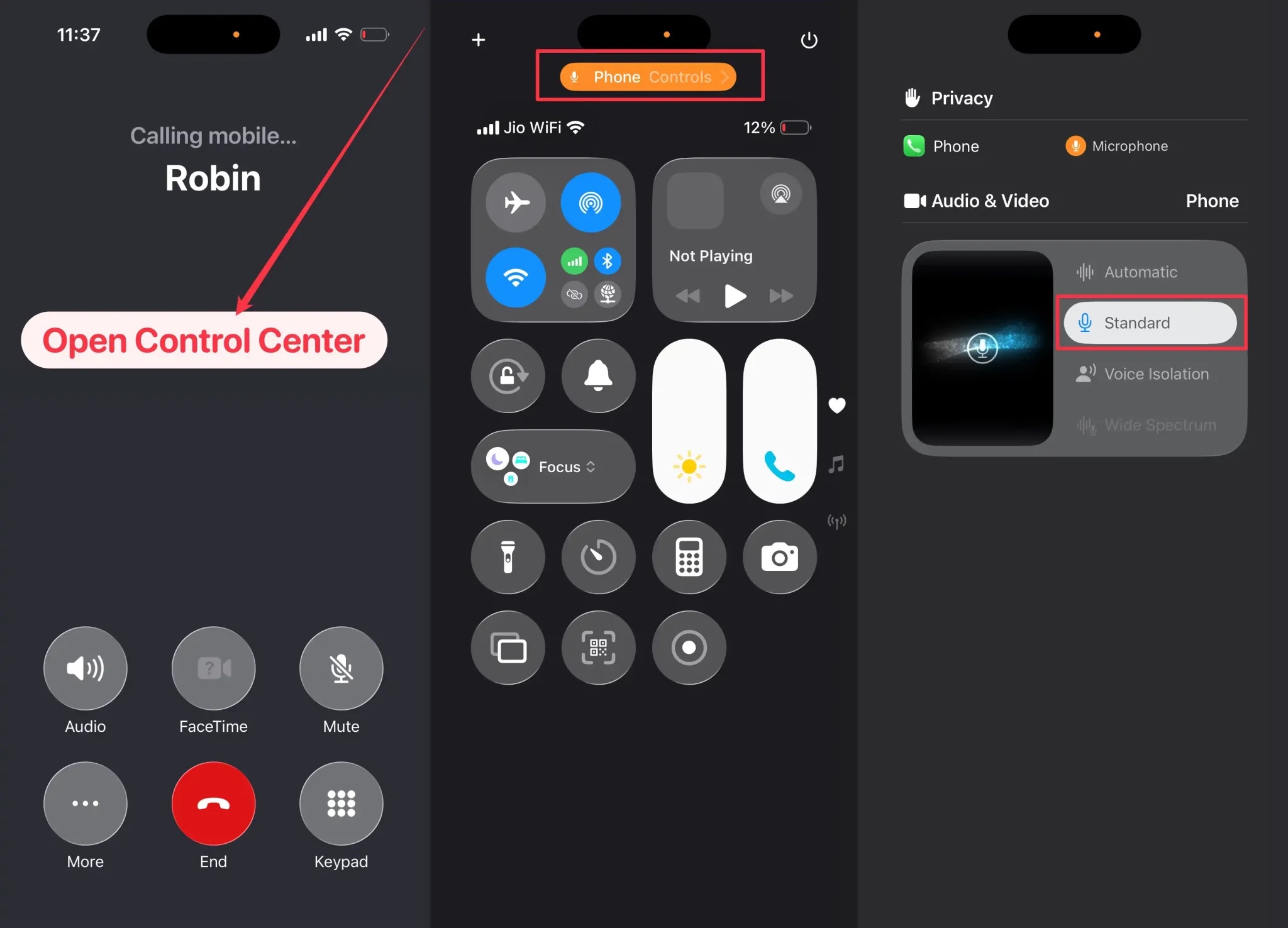 من موقع فون إسلام: تعرض ثلاث شاشات على iPhone كيفية الوصول إلى إعدادات الصوت وتغييرها: شاشة الاتصال، ومركز التحكم، وخيارات وضع الصوت تحت "عناصر التحكم في الهاتف" لعزل الصوت في الآي-فون.