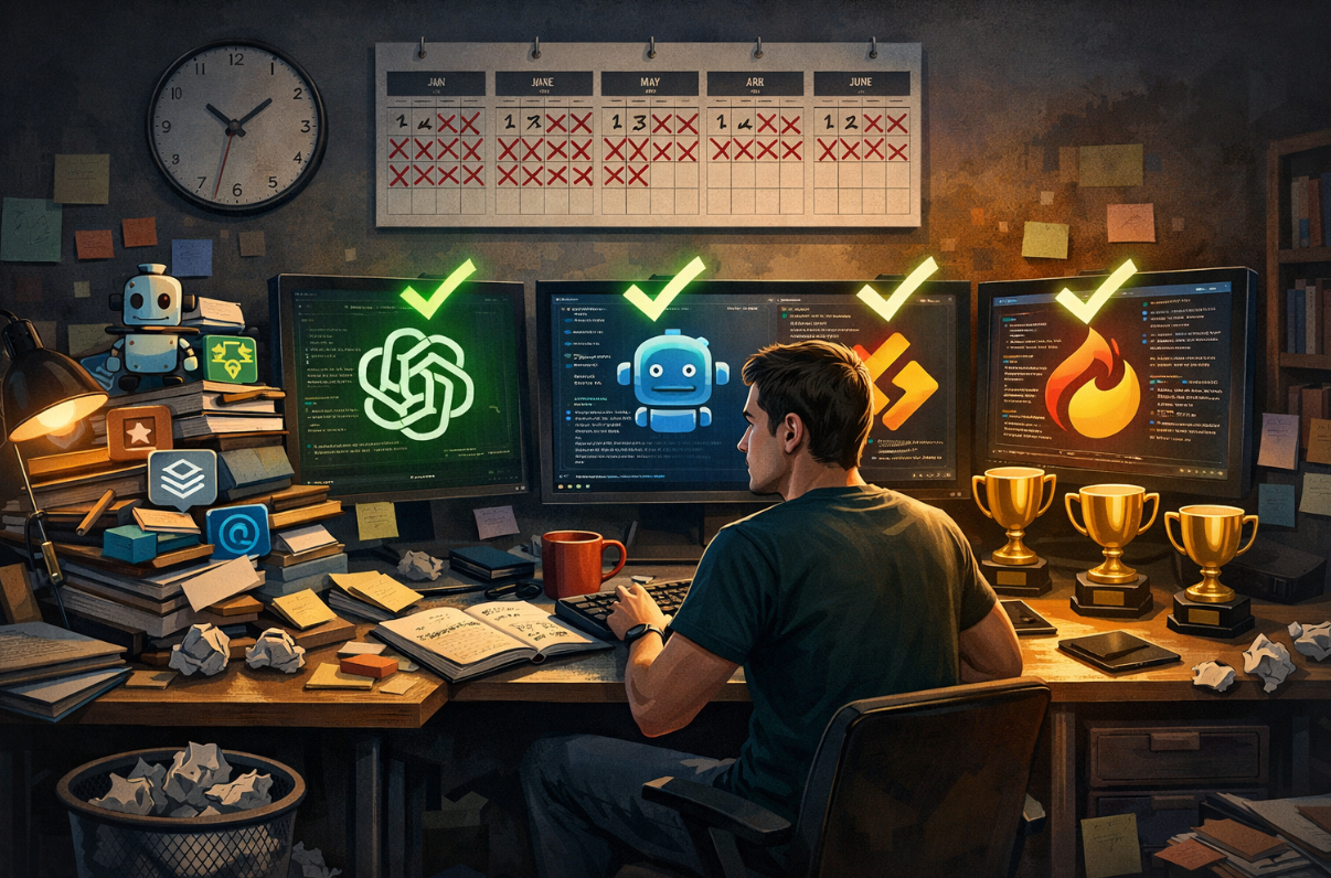 من موقع فون إسلام: شخص يعمل على مكتب فوضوي به أربع شاشات تعرض أيقونات الذكاء الاصطناعي والترميز، وجوائز على الجانب، وتقويم بأيام مشطوبة - مغمورة في البرمجة بالذكاء الاصطناعي.