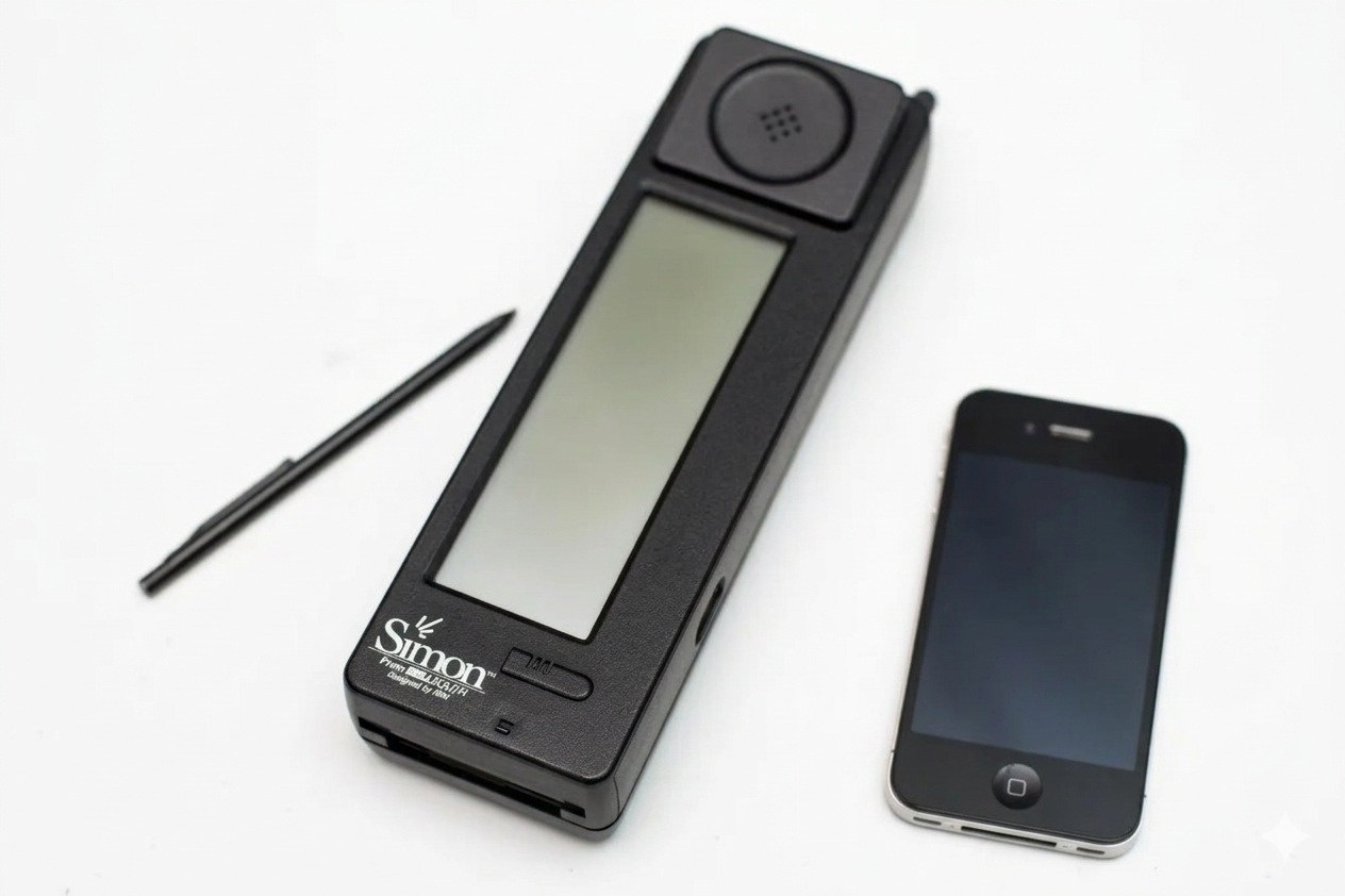 من موقع فون إسلام: يوجد جهاز IBM Simon Personal Communicator كبير أسود اللون من IBM مع قلم بجوار جهاز آبل آيفون أسود أصغر حجماً على سطح أبيض.