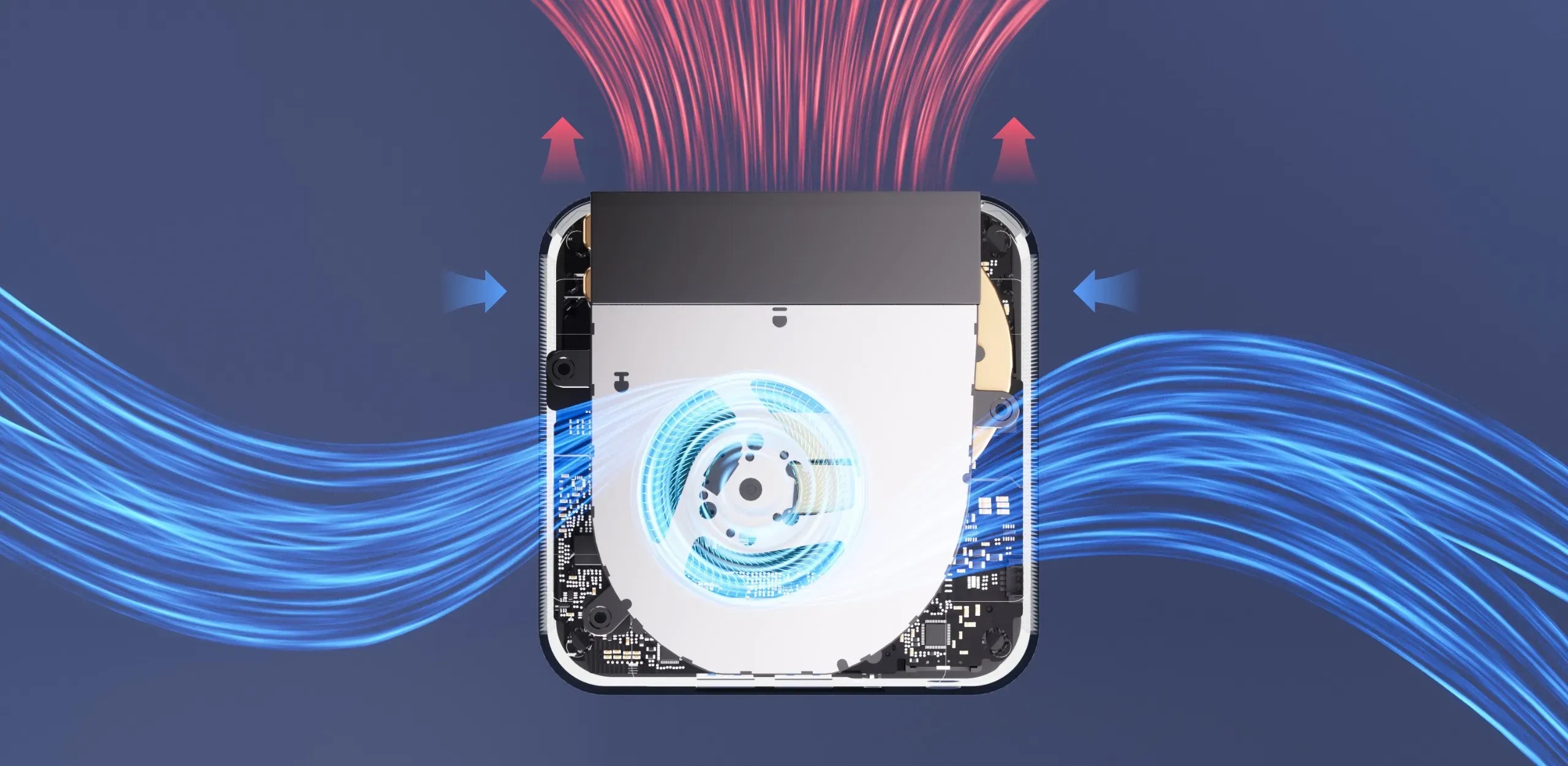 من موقع فون إسلام: رسم تخطيطي لنظام التبريد في جهاز GEEKOM A6، يُظهر تيارات هواء زرقاء تتدفق إلى الداخل وتيارات هواء حمراء تتدفق إلى الخارج فوق مروحة داخلية مرئية.