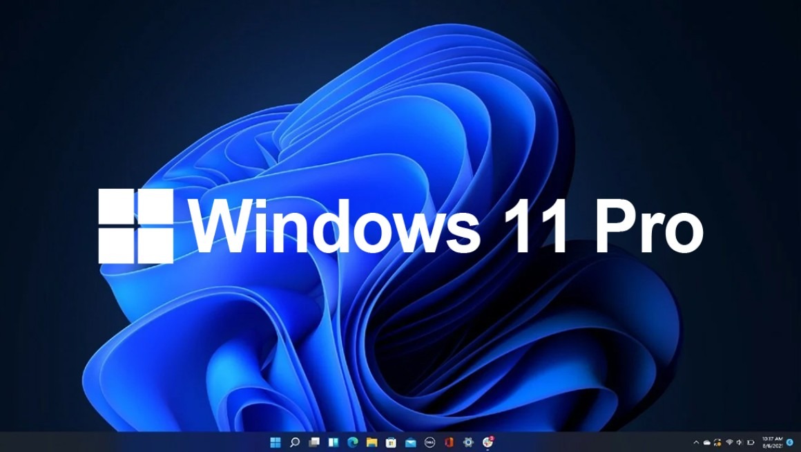 من موقع فون إسلام: يتم عرض شعار Windows 11 Pro على خلفية زرقاء مجردة مع ظهور سطح مكتب Windows 11 وشريط المهام في الأسفل، مع عرض جهاز GEEKOM A6 كأفضل كمبيوتر ويندوز للأدوات العصرية.