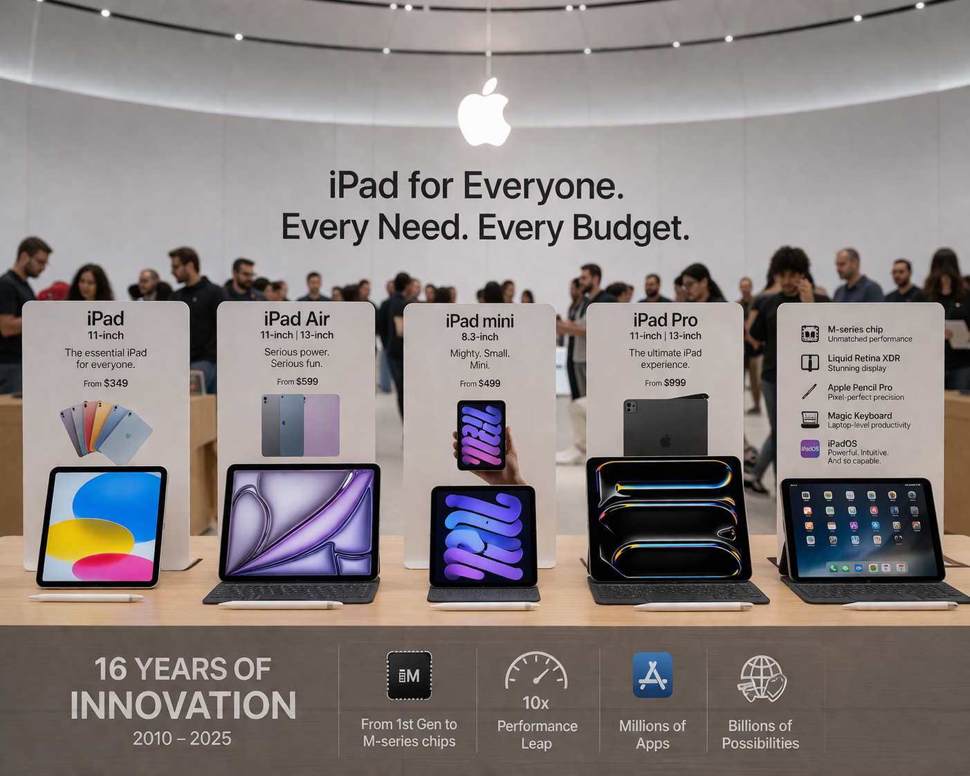 من موقع فون إسلام: أربعة موديلات مختلفة من أجهزة iPad معروضة على طاولة مع لافتات توضح ميزاتها، في متجر حديث لشركة Apple مع وجود أشخاص في الخلفية، احتفالاً بذكرى إطلاق الآي باد.