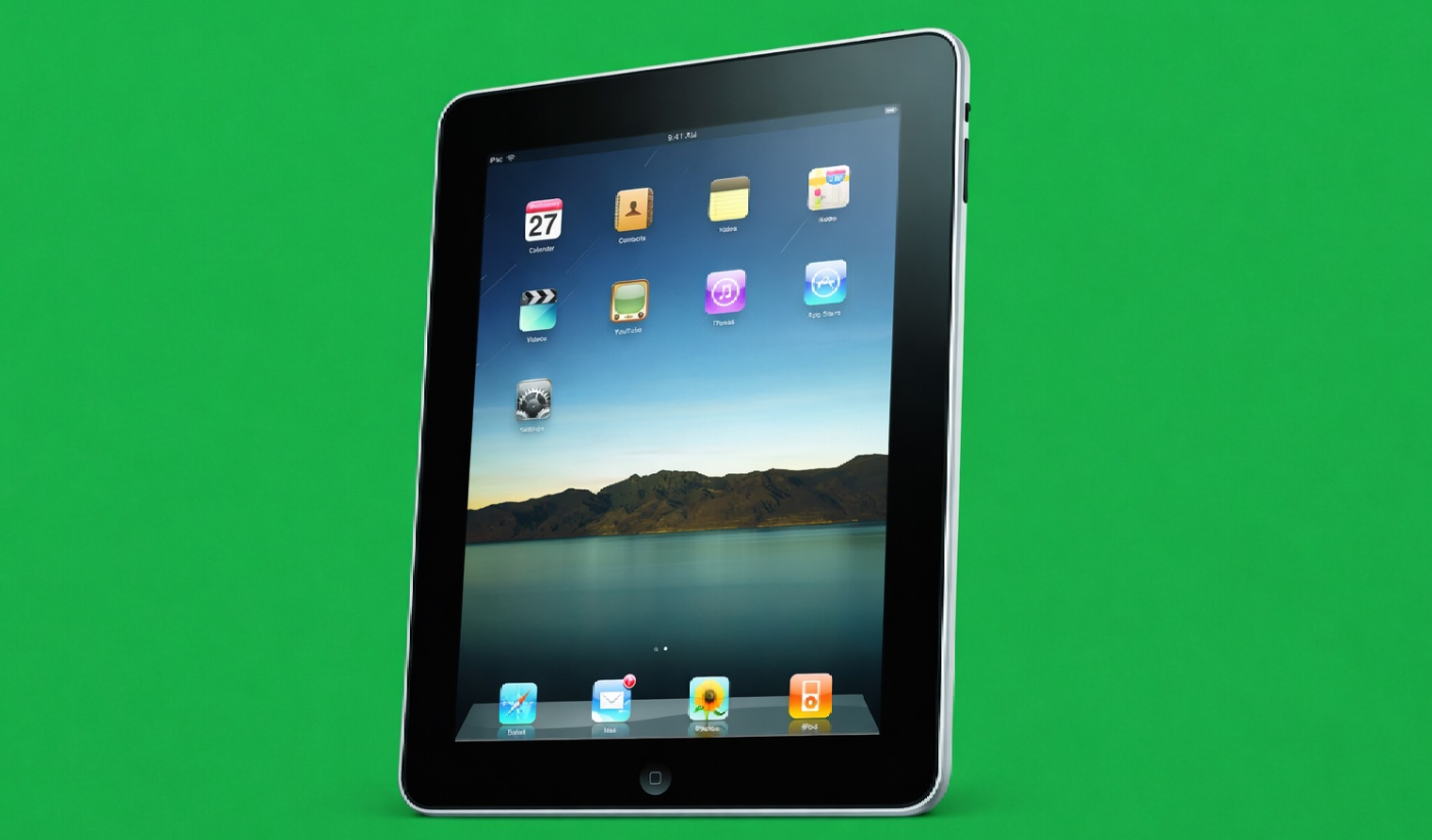 من موقع فون إسلام: جهاز آيباد آبل آيباد أسود اللون من الجيل الأول مع شاشة رئيسية تظهر عليها أيقونات التطبيقات، معروضة على خلفية خضراء صلبة.