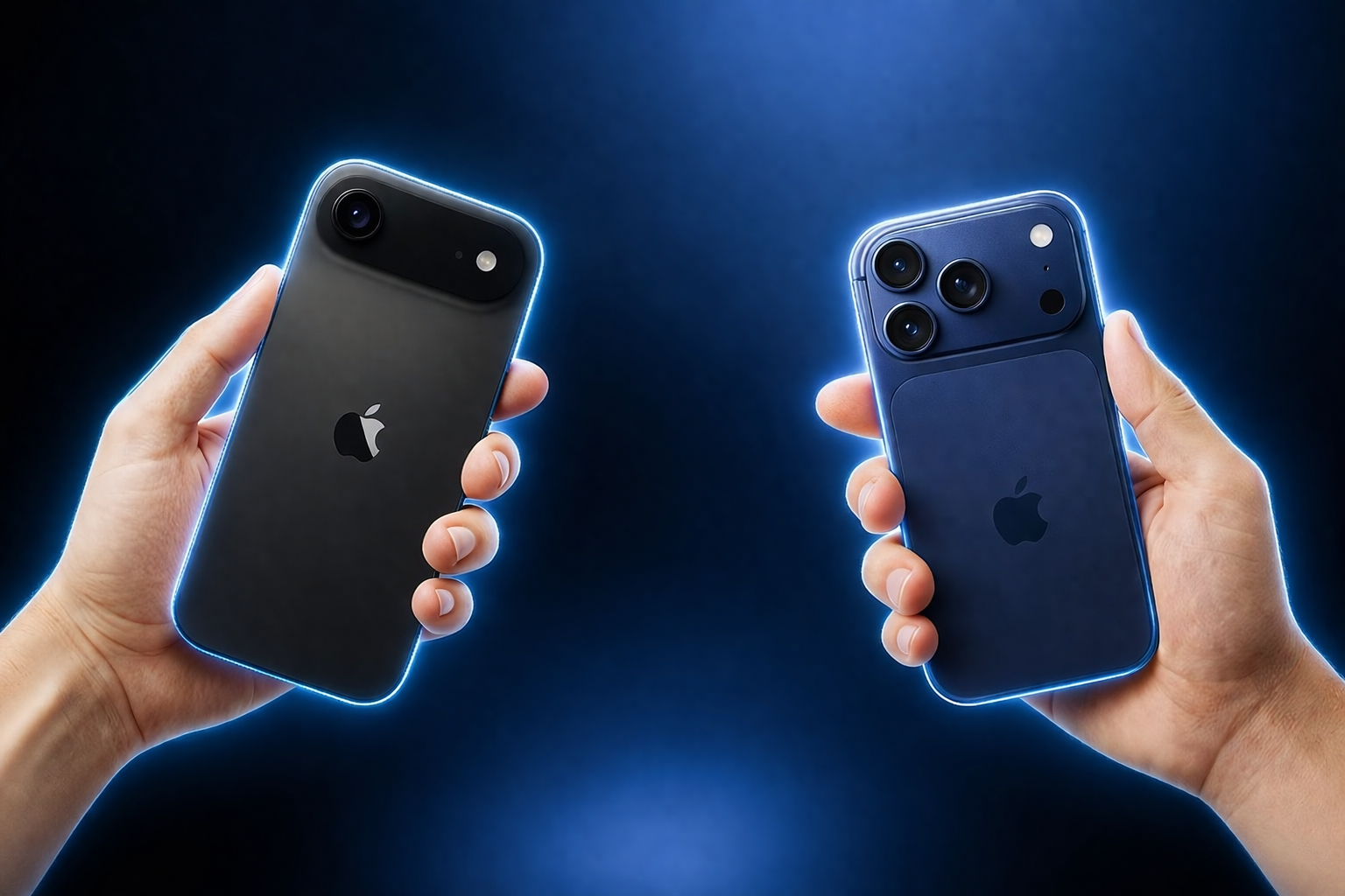 من موقع فون إسلام: يدان تحملان جهازي آيفون بحواف متوهجة تبرز تطورهما؛ فاليد اليسرى تتميز بكاميرا خلفية واحدة، واليمنى تتميز بإعداد ثلاثي - وكلاهما يعرضان بفخر شعارات آبل حيث تعيد اختراع الآي فون.