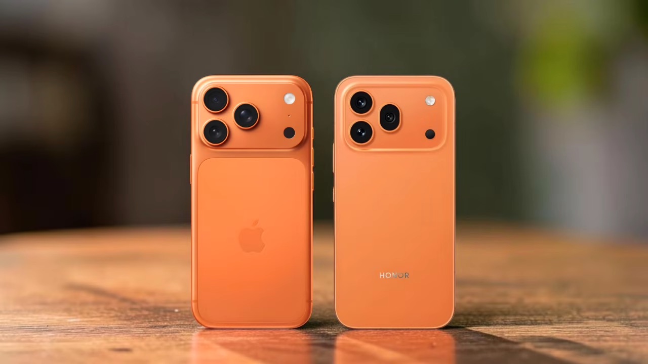 من موقع فون إسلام: تم وضع هاتفين ذكيين برتقاليين برتقاليين، هاتف آيفون من أبل وجهاز هونر في وضع مستقيم جنبًا إلى جنب على سطح خشبي يشبه إعلان هونر أمام متجر آبل بخلفية غير واضحة.