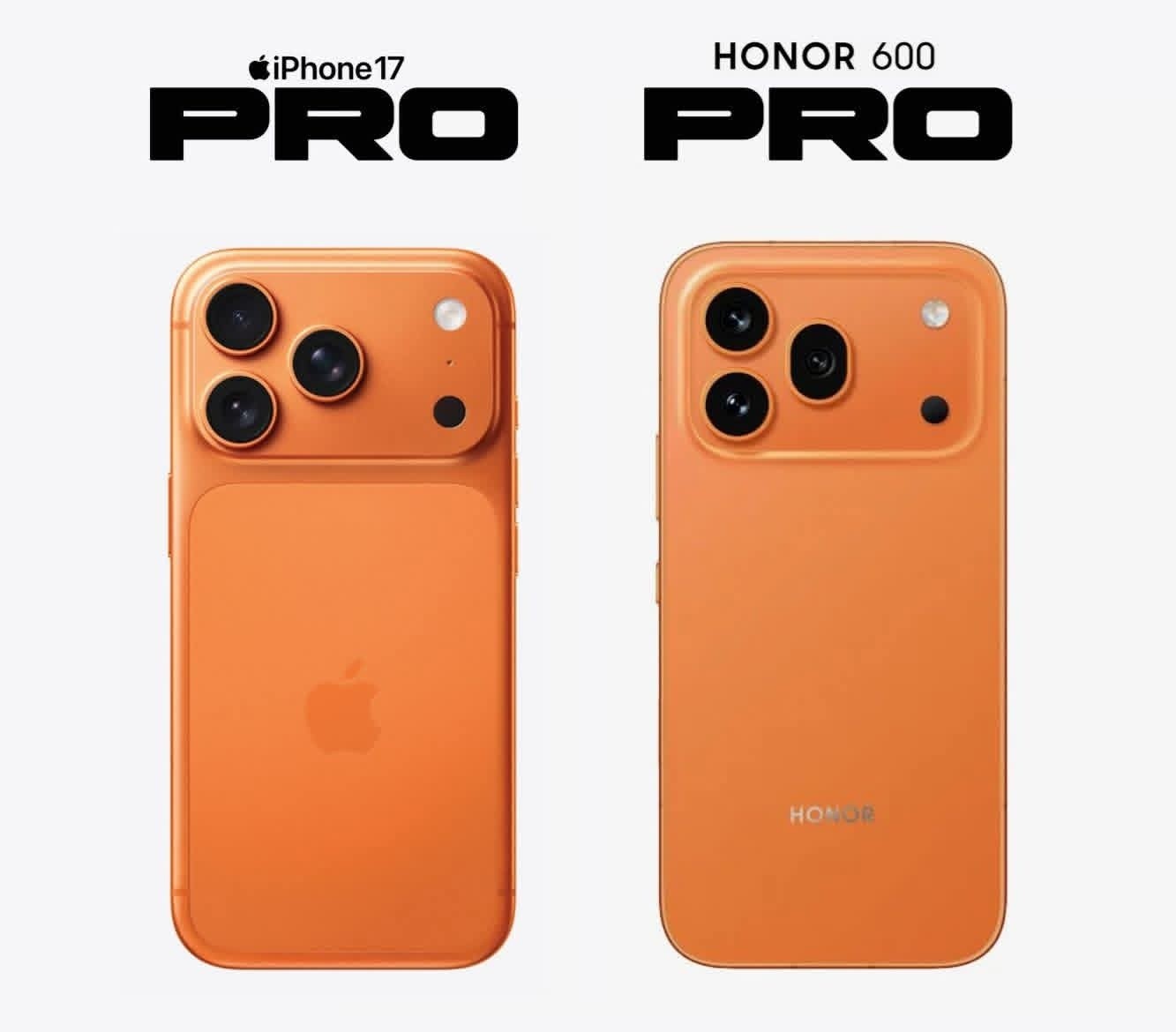 من موقع فون إسلام: مقارنة جنبًا إلى جنب بين هاتف iPhone 17 Pro برتقالي اللون وهاتف Honor 600 Pro برتقالي اللون، وكلاهما يظهران الجزء الخلفي مع إعدادات الكاميرا الثلاثية كجزء من إعلانات هونر أمام متجر آبل.