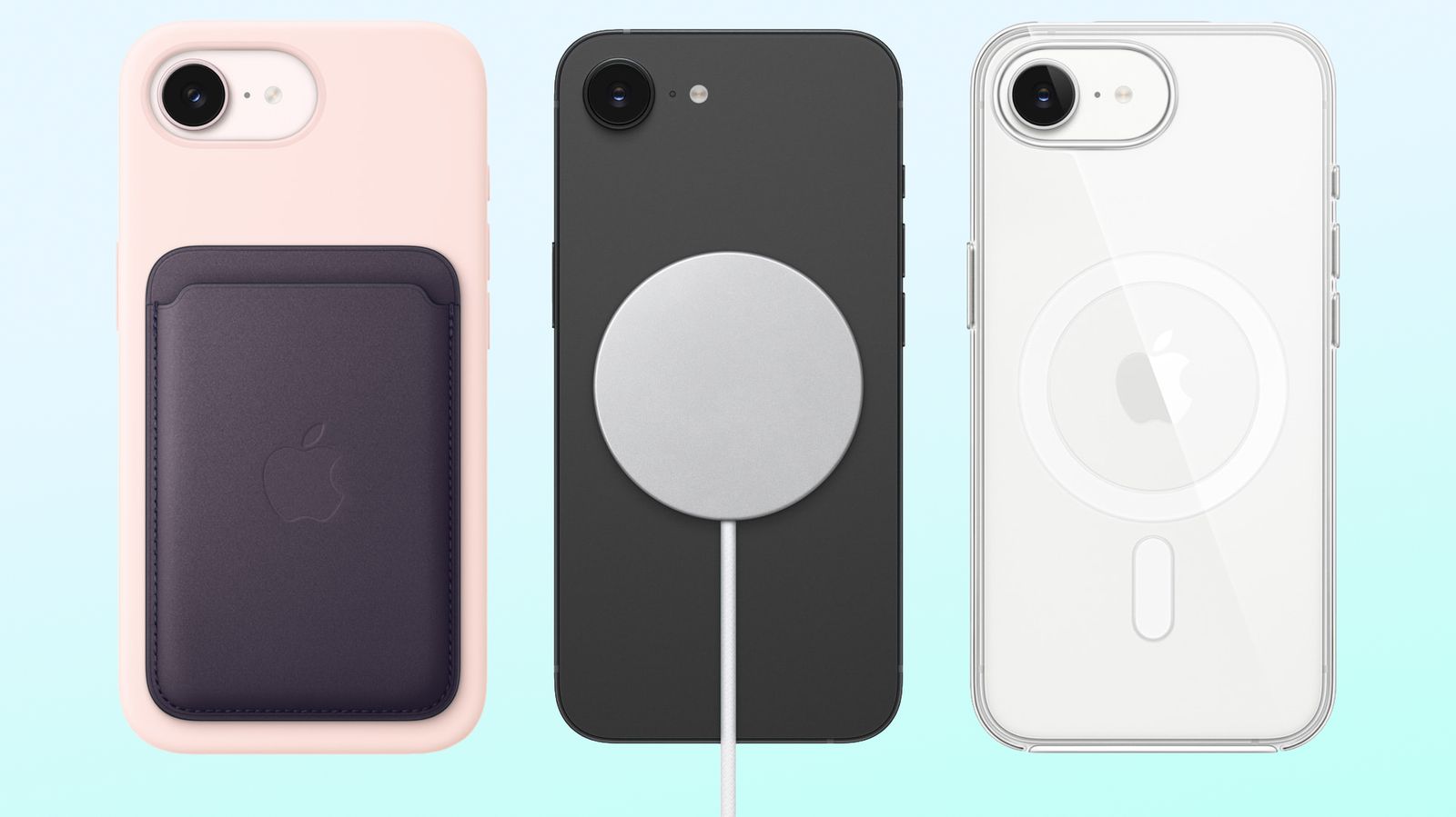 من موقع فون إسلام: ثلاثة هواتف آيفون بحافظات مختلفة تتميز بأحدث ما توصلت إليه أخبار التقنية: واحد بحامل بطاقة، وآخر بشاحن مغناطيسي، وحافظة شفافة تعرض مخطط MagSafe الخارجي - وهي مثالية لتناسب أحدث صيحات الأجهزة.