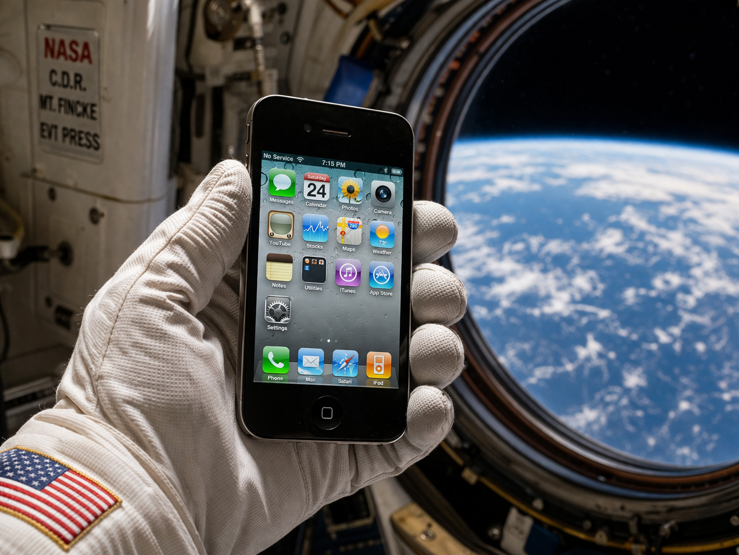 من موقع فون إسلام: يد رائد فضاء يرتدي قفازاً ويحمل قفازاً في الفضاء داخل مركبة فضائية، مع منظر مذهل للأرض من خلال نافذة مستديرة في الخلفية.