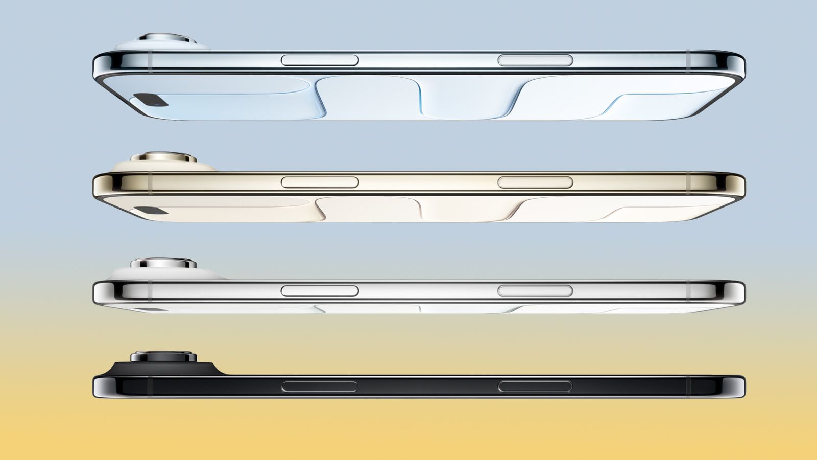 من موقع فون إسلام: وتظهر أربعة هواتف ذكية بألوان مختلفة - الأزرق الفاتح والذهبي والأبيض والأسود - من الجانب على الهامش، مما يبرز ملامحهم النحيفة وعدسات الكاميرا المرتفعة.