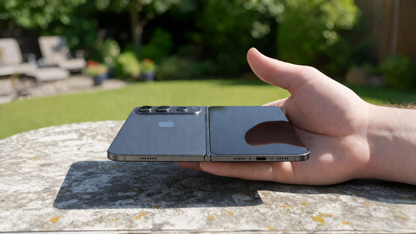 من موقع فون إسلام: يد تحمل طية آي فون تحمل شعار آبل، مفتوحة بشكل مسطح على سطح حجري في الهواء الطلق، على خلفية حديقة غير واضحة.