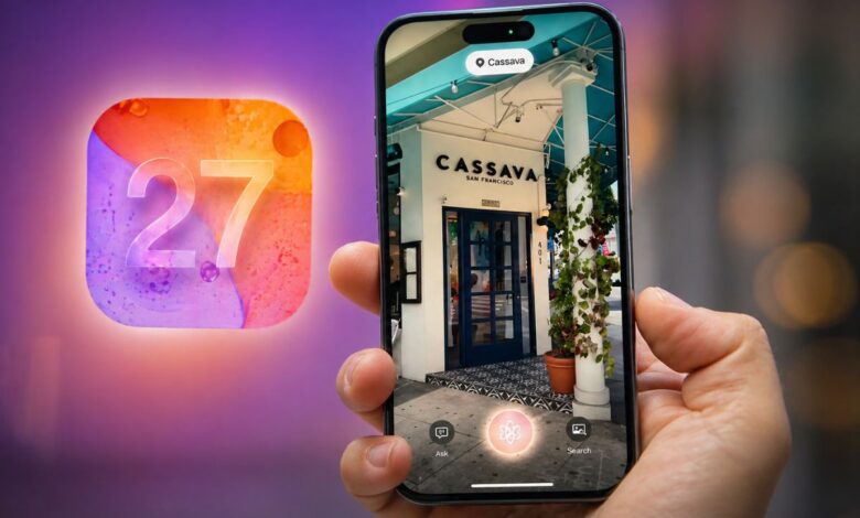 From Phonegram: A hand holding a smartphone running iOS 27, using an augmented reality app to recognize a restaurant called 'Cassava'; a symbol with the number '27' appears on the left.