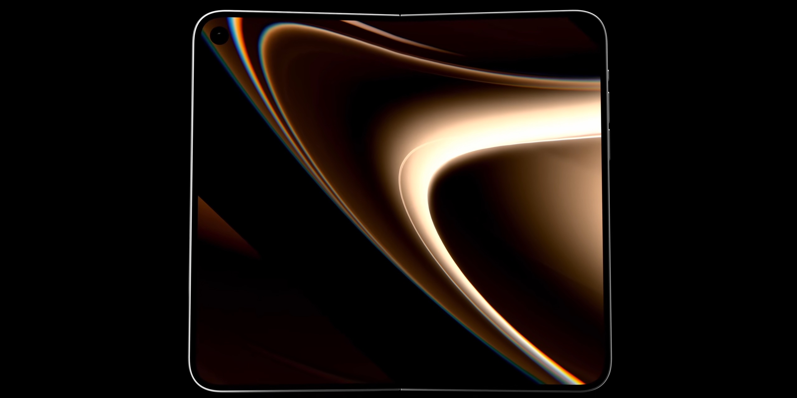 من موقع فون إسلام: هاتف ذكي قابل للطي بشاشة عرض مفتوحة وسلسة تُظهر دوامات بنية وذهبية مجردة على خلفية سوداء، تذكرنا بالتصميم الفاخر الموجود في سلسلة آي-فون ألترا.