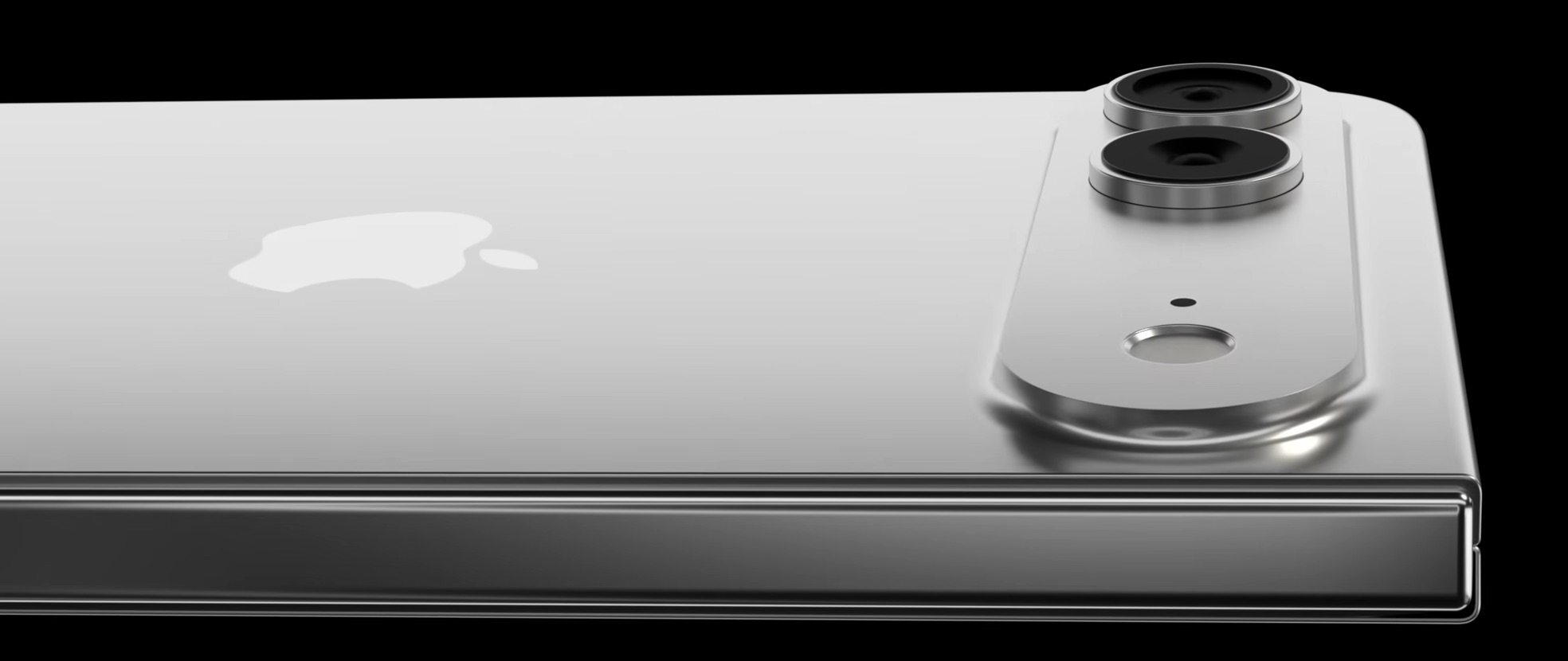 من موقع فون إسلام: لقطة مقرّبة لهاتف ذكي فضي قابل للطي، يشبه هاتف آي-فون ألترا مع شعار آبل وكاميرتين خلفيتين وفلاش، يظهر مطويًا جزئيًا على خلفية سوداء.