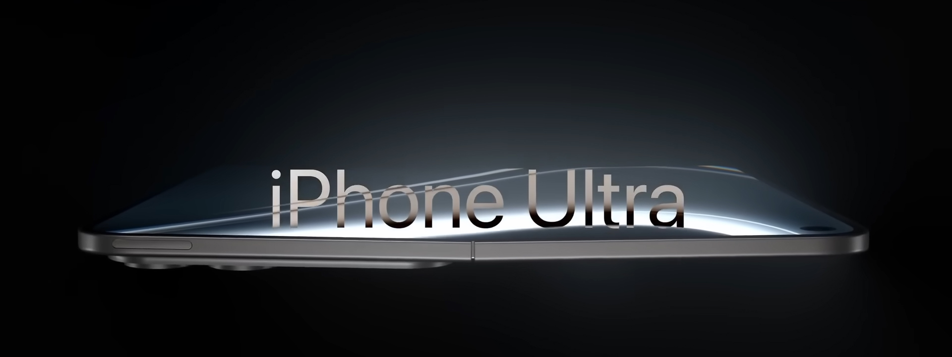 من موقع فون إسلام: عرض رقمي لهاتف ذكي رفيع مع عبارة "آي-فون ألترا القابل للطي" متراكبًا، يظهر المظهر الجانبي الأنيق للجهاز على خلفية داكنة.