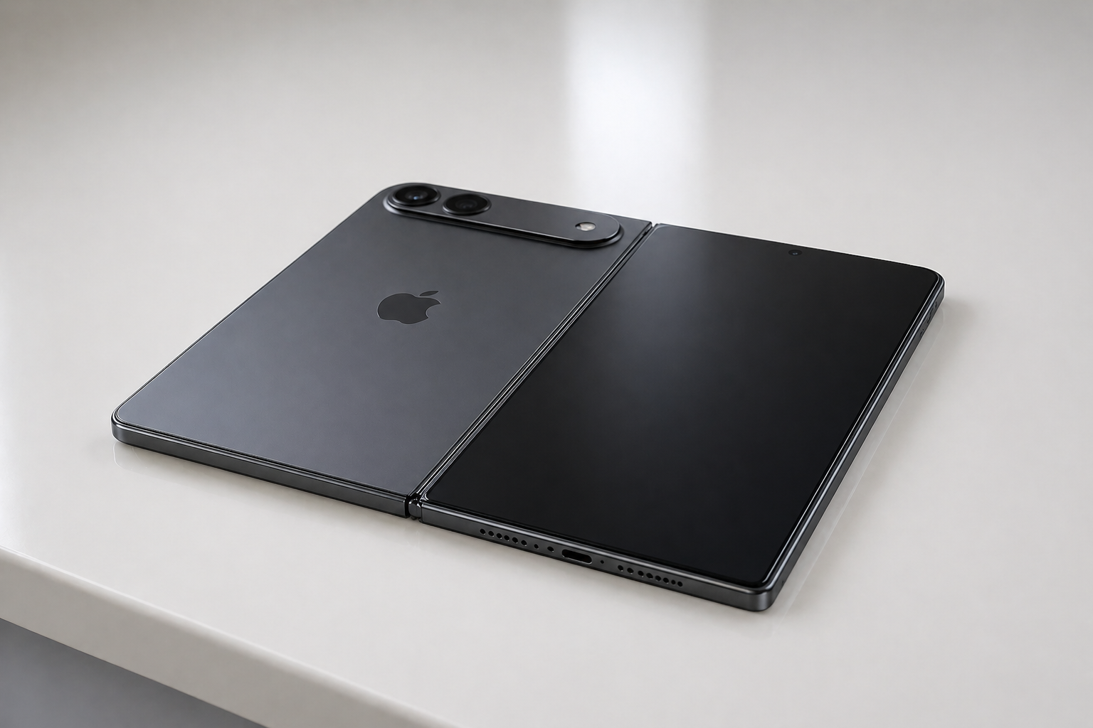 من موقع فون إسلام: الهاتف الذكي القابل للطي آي ترا فولد هاتف ذكي قابل للطي، وهو مفتوح جزئيًا على سطح فاتح اللون، ويظهر بمفصلته وكاميرتيه الخلفيتين وشاشته الواسعة غير المطوية.