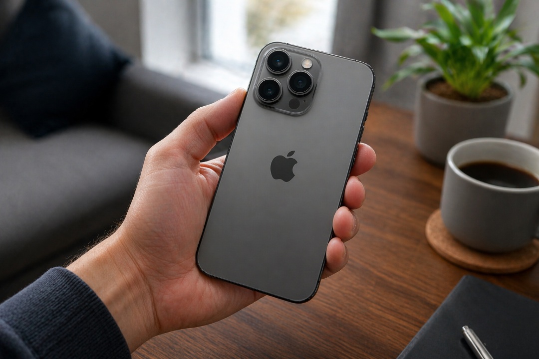 من موقع فون إسلام: يد تحمل هاتف آي فون رمادي اللون مزود بثلاث كاميرات خلفية، فوق طاولة خشبية عليها فنجان قهوة ونبتة ودفتر ملاحظات، وربما تفكر في ترقية الآي فون من أجل تجربة مطورة.