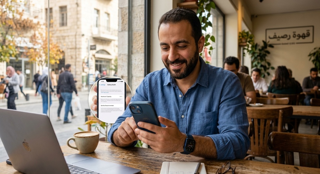 من موقع فون إسلام: رجل يجلس في أحد المقاهي ينظر إلى هاتفه الذكي ويبتسم بسعادة غامرة حول ترقية الآي-فون وأمامه جهاز كمبيوتر محمول ودفتر وكوب قهوة على الطاولة.