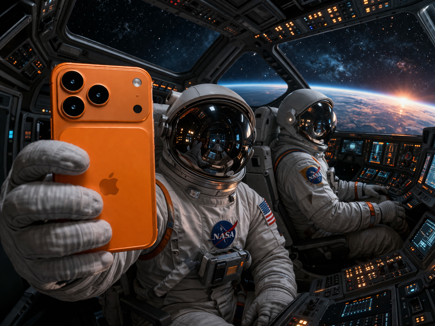 من موقع فون إسلام: رائدا فضاء في قمرة قيادة مركبة فضائية، أحدهما يحمل هاتف آيفون برتقالي اللون -آي فون- في الفضاء - مع رؤية الأرض واتساع الفضاء من خلال النوافذ.