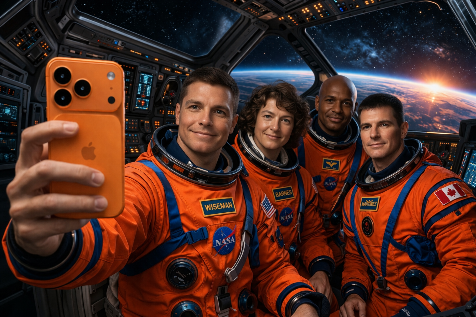 من موقع فون إسلام: أربعة رواد فضاء يرتدون بدلات فضاء برتقالية اللون من وكالة ناسا يلتقطون صورة سيلفي مع برو ماكس في الفضاء داخل مركبة فضائية، وتظهر الأرض من خلال النافذة في الخلفية.