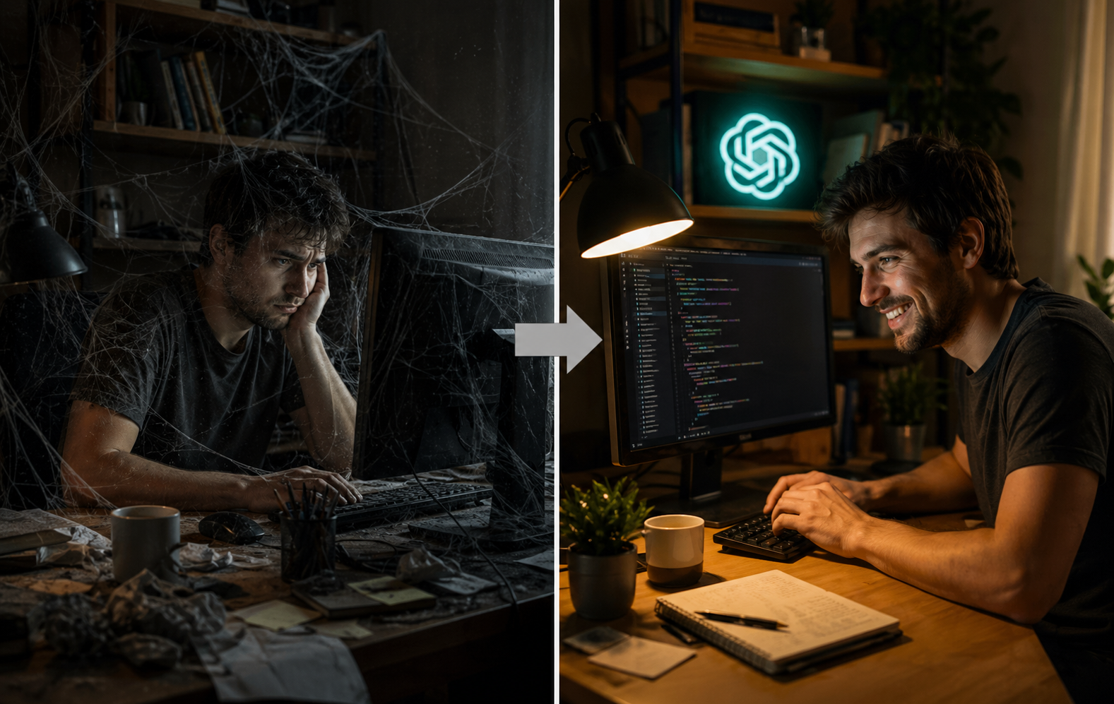 من موقع فون إسلام: تُظهر الصورة المنفصلة رجلاً في مكتب فوضوي مغطى بخيوط العنكبوت على اليسار، ونفس الرجل، وهو أكثر سعادة، في محطة عمل نظيفة وحديثة مع شعار متوهج على اليمين - مما يبرز تأثير البرمجة بالذكاء الاصطناعي.