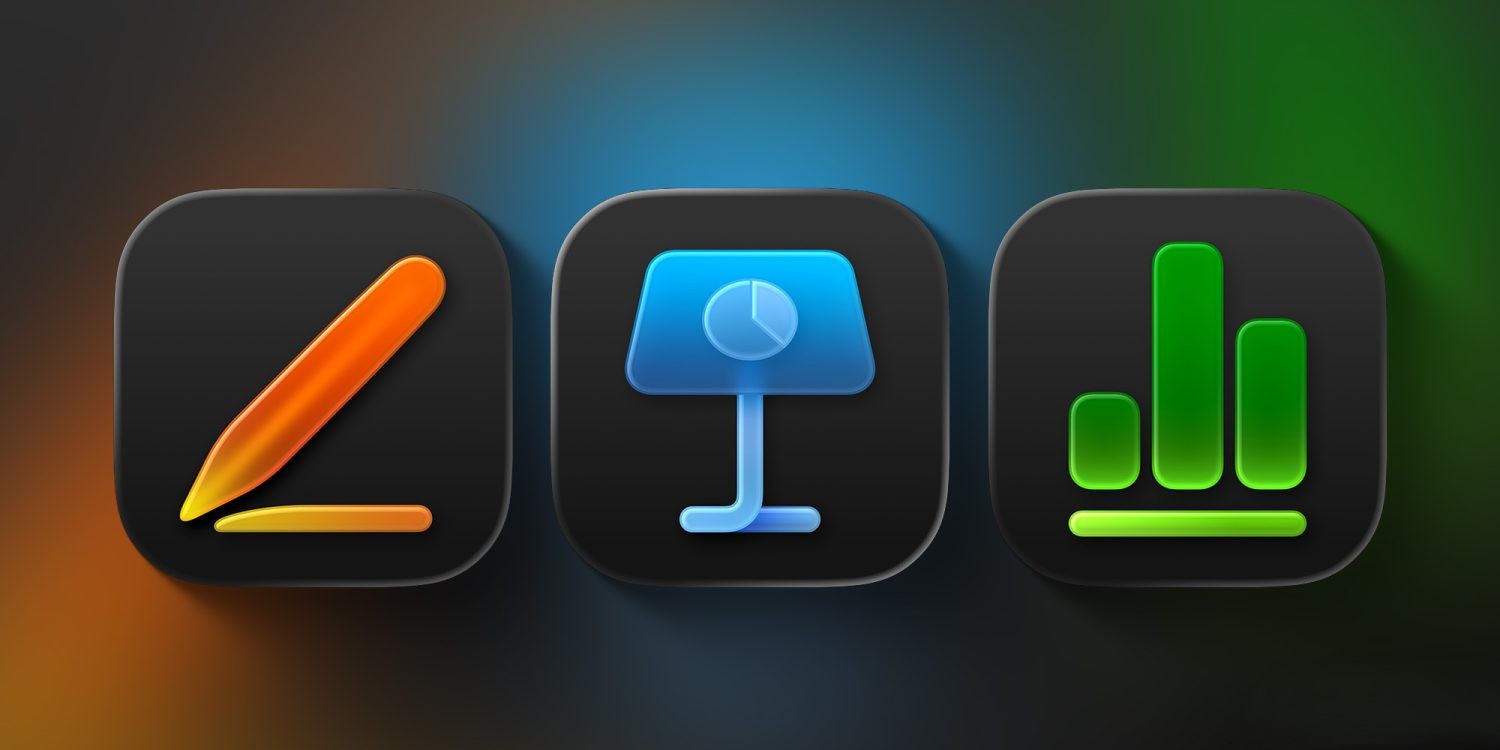 From Phonegram: Three app icons on a dark background—an orange pencil, a blue presentation stand, and a green bar chart—representing Apple's office apps for Mac: Pages, Keynote, and Numbers.
