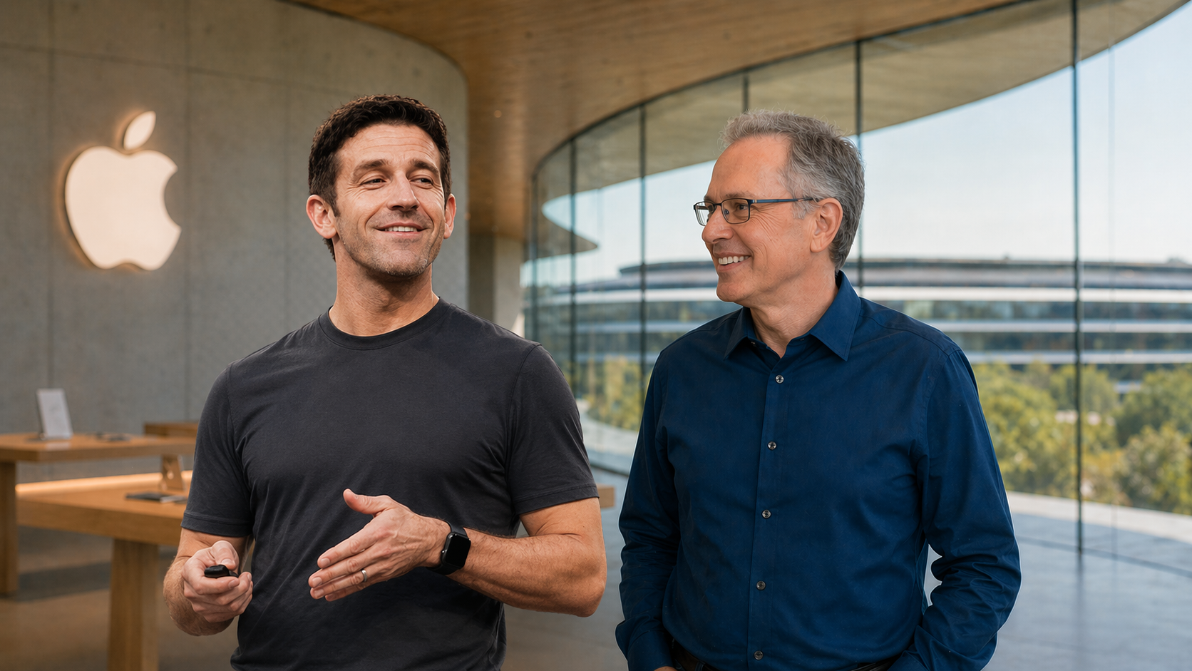 From Phonegram: Two men standing and talking inside an Apple Store, with a large Apple logo on the wall and a modern glass building in the background, perhaps discussing the innovations led by Johny Srouji.