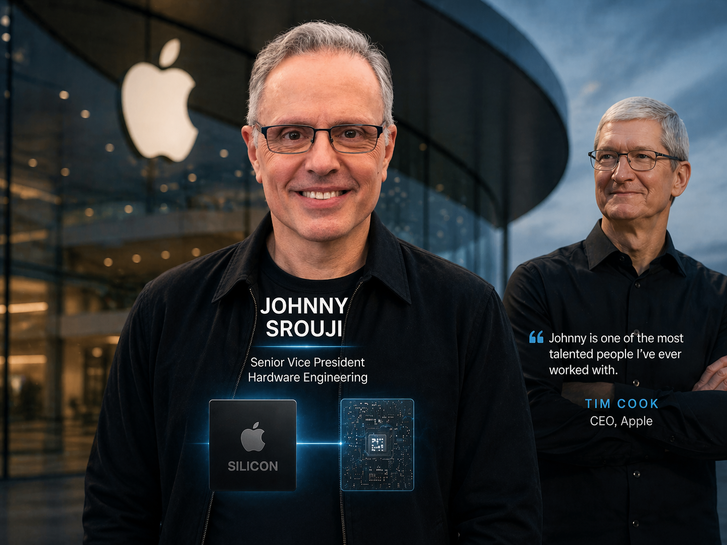 من موقع فون إسلام: جوني سروجي يقف أمام مبنى آبل؛ النص يُعرّفه كنائب أول لرئيس هندسة الأجهزة، مع كوك في الخلفية ورسومات شرائح معروضة.