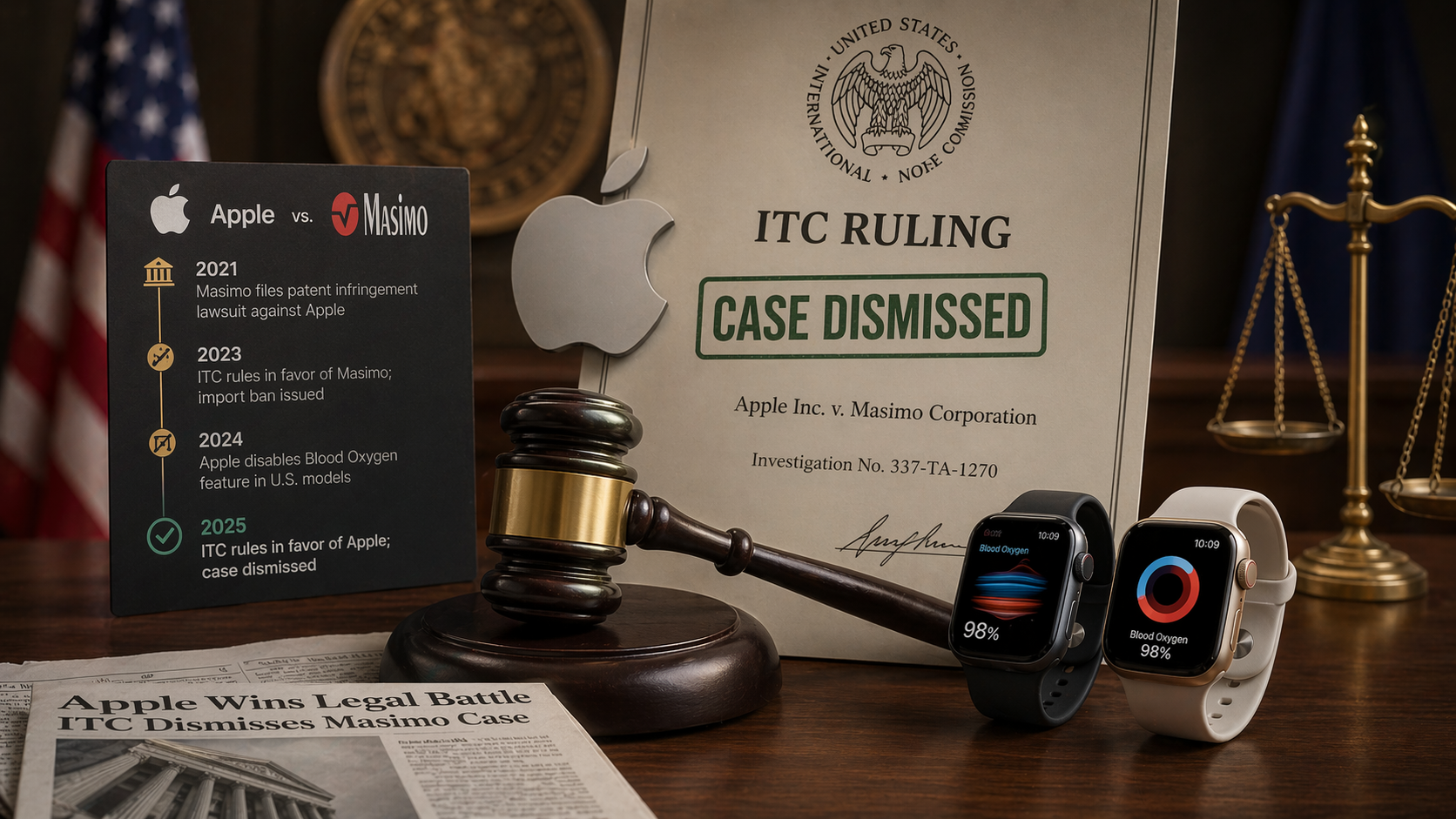 من موقع فون إسلام: مشهد في قاعة المحكمة مع مطرقة وشعار شركة آبل ووثائق قانونية وساعات ذكية وبطاقة جدول زمني يلخص فوز شركة آبل في قضية براءة الاختراع ضد شركة ماسيمو، مع عناوين تقول "رفض القضية.