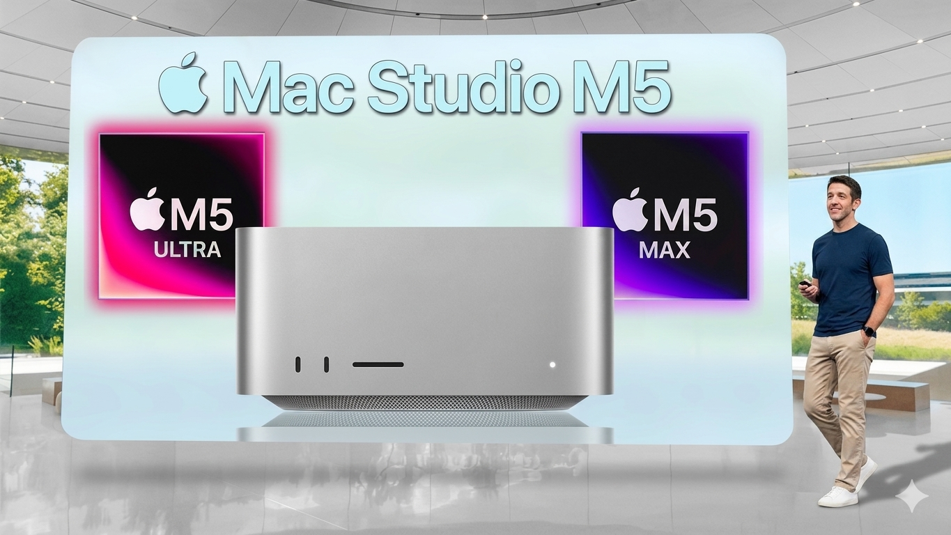 من موقع فون إسلام: يقف أحد مقدمي العروض بجانب شاشة عرض تعرض جهاز Mac Studio القادم مع رقاقات M5 Ultra و M5 Max في إطار عرض تقديمي حديث.