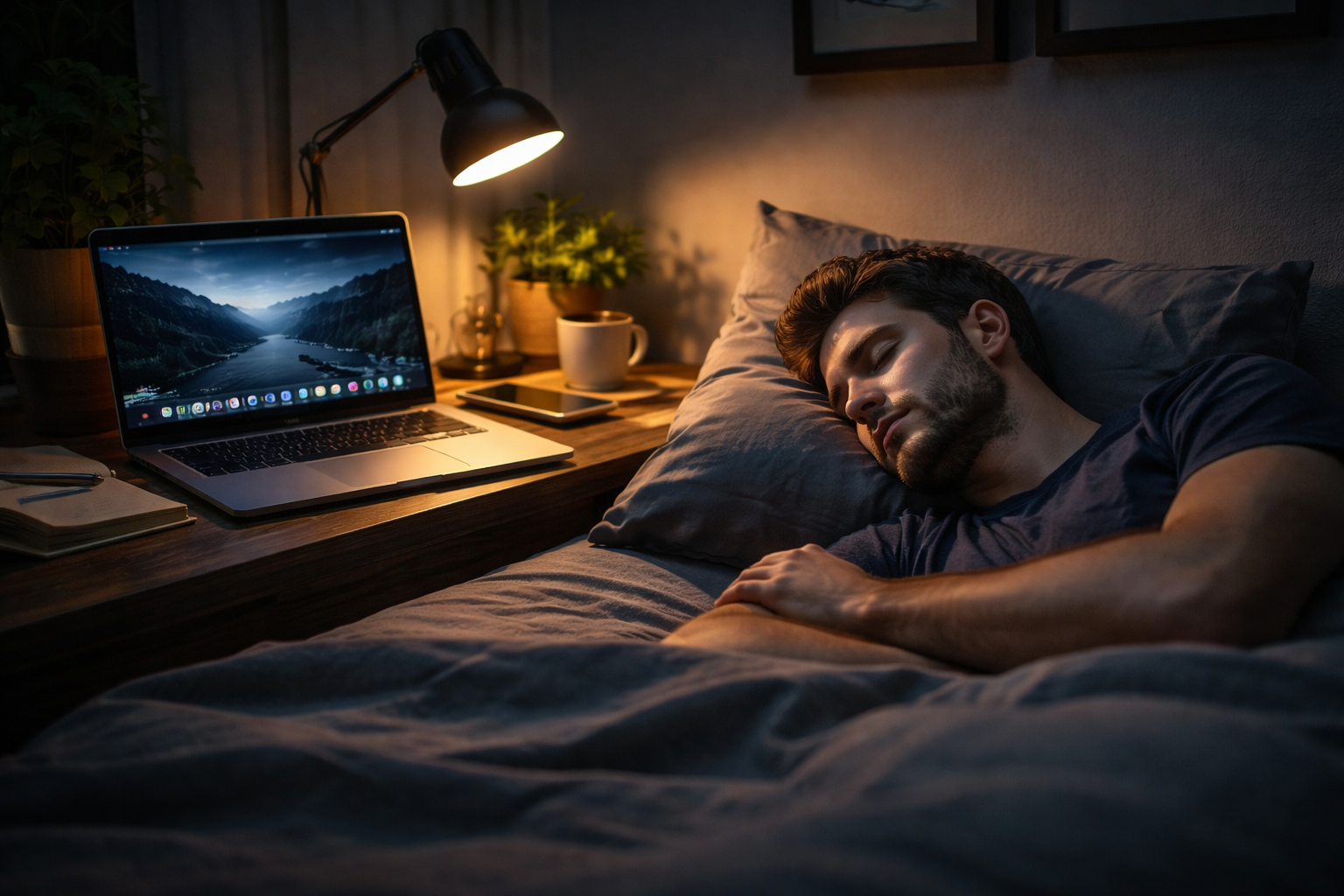 من موقع فون إسلام: رجل ينام في السرير وبجانبه طاولة بجانب السرير عليها مصباح مضاء وجهاز كمبيوتر محمول مفتوح يظهر عليه نظام نظام ماك وكوب ونبتة. الغرفة مضاءة بشكل خافت، مما يخلق جواً ليلياً هادئاً.