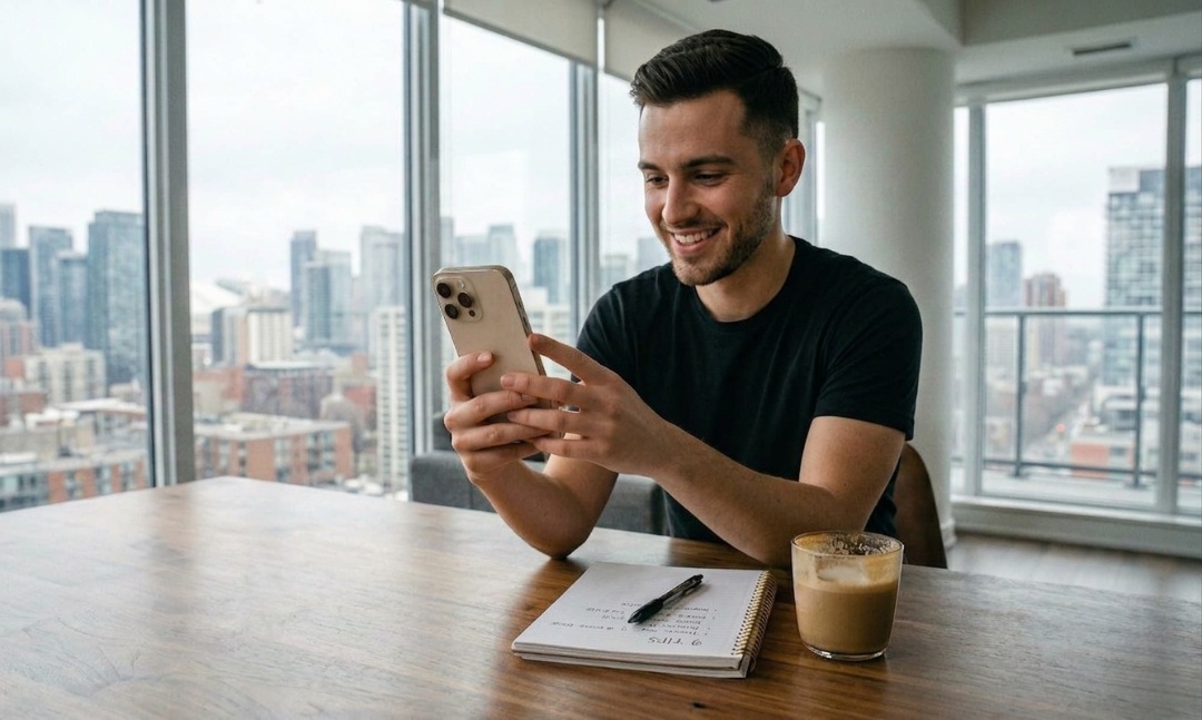 من موقع فون إسلام: رجل يجلس على طاولة ومعه دفتر ملاحظات وقلم وقهوة ويبتسم لهاتفه الذكي وهو يكتشف أسرار الآي-فون. تكشف النوافذ الكبيرة عن أفق المدينة في الخلفية.