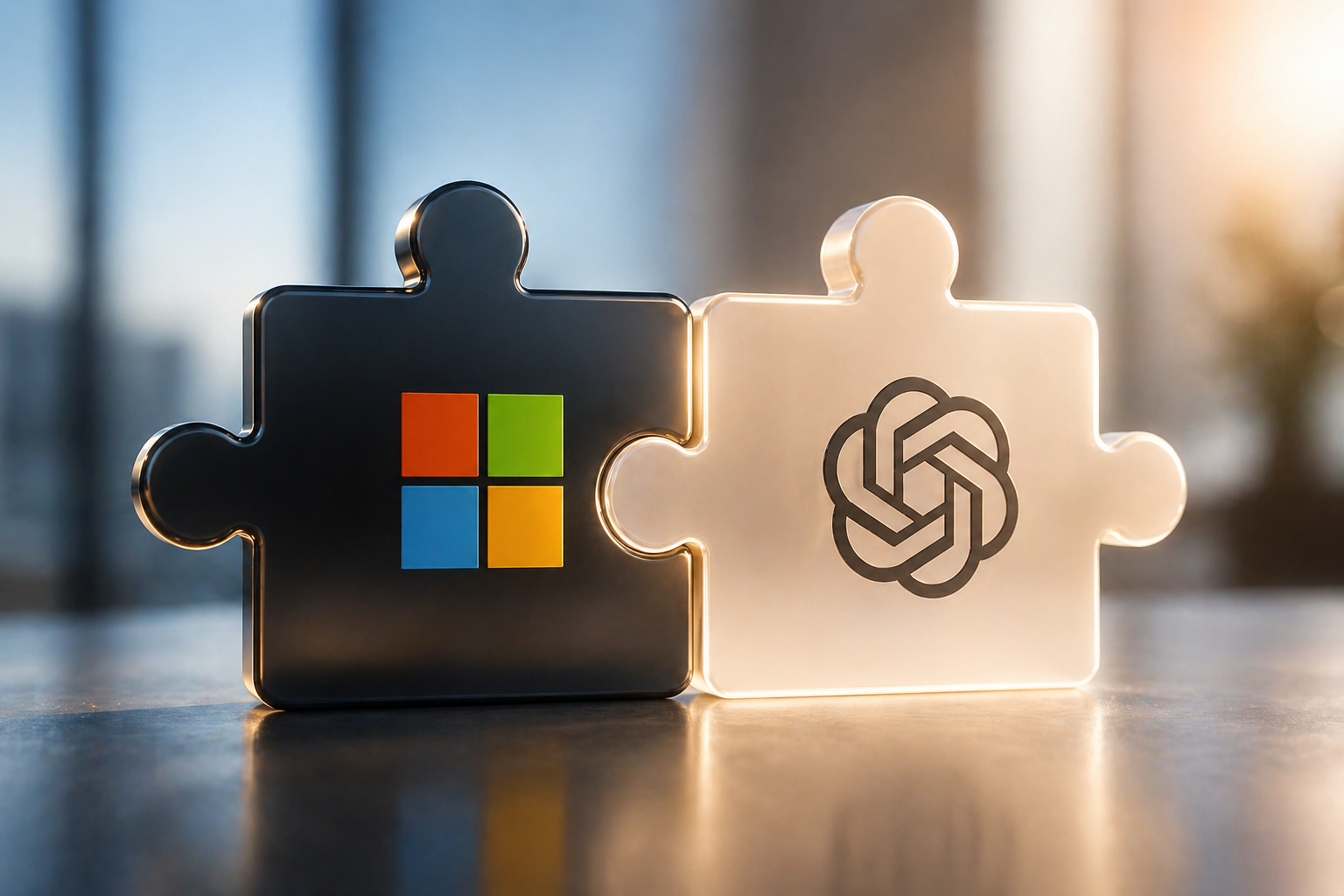 من موقع فون إسلام: قطتي أحجية معدنيتين على طاولة، إحداهما بشعار ميكروسوفت وOpenAI متصلتين معًا، في مشهد يرمز إلى الشراكة بينهما، ويتوسطهما خلفية ضبابية.