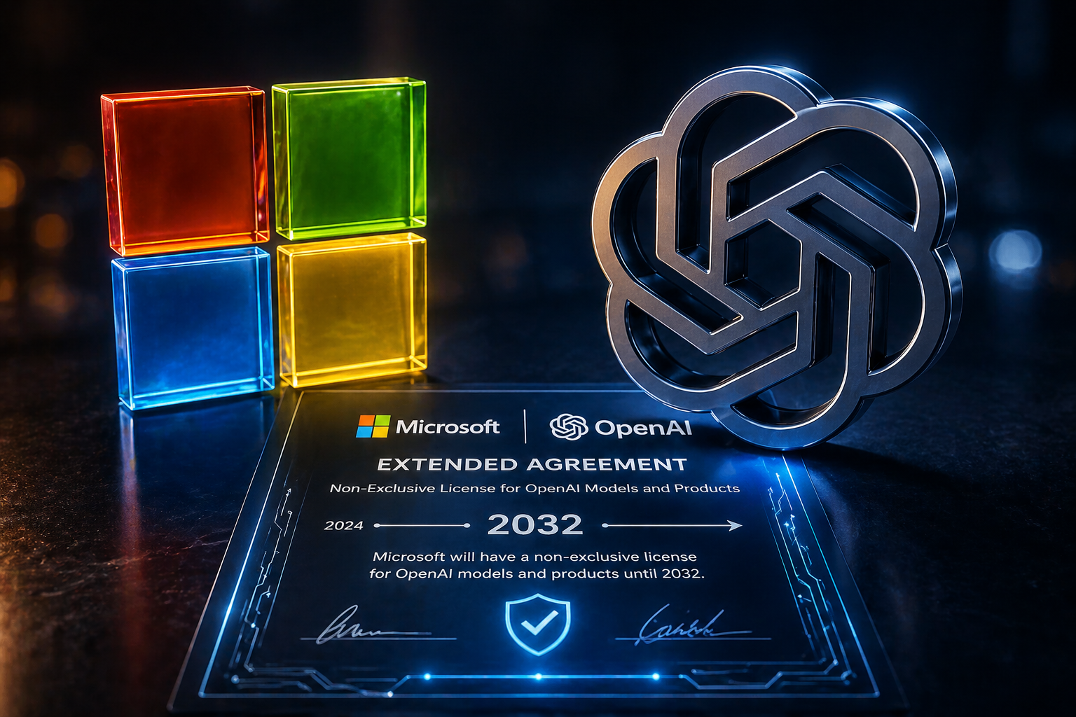 من موقع فون إسلام: توجد شهادة اتفاقية ميكروسوفت وOpenAI بجانب شعار OpenAI المعدني وأربعة مكعبات زجاجية ملونة تشبه شعار Microsoft.