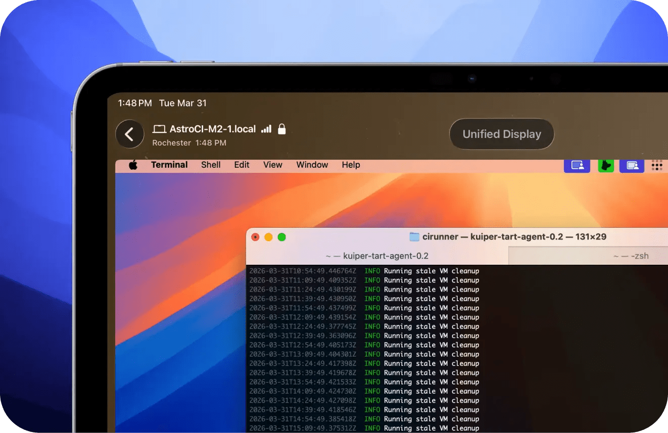 من موقع فون إسلام: صورة مقربة لشاشة MacBook تُظهر أوامر تشغيل تطبيق Terminal، مع ظهور شريط قوائم macOS و تطبيق تطبيق Workbench للماك في الأعلى.