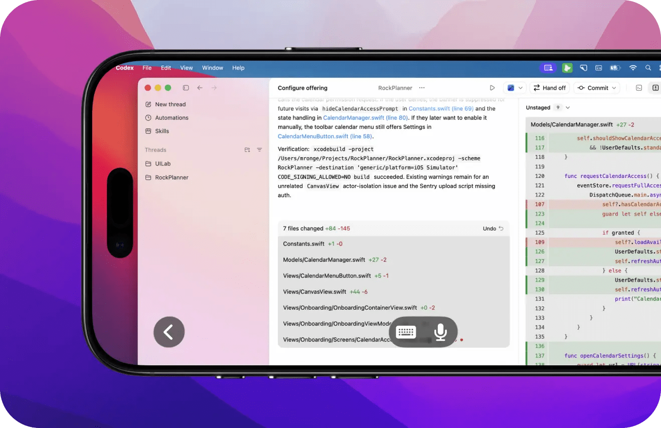من موقع فون إسلام: يعرض الهاتف الذكي تطبيق Workbench للبرنامج في الوضع الأفقي، مع وجود شريط جانبي للمشروع على اليسار ورمز يعرض تغييرات المراجعة على اليمين.
