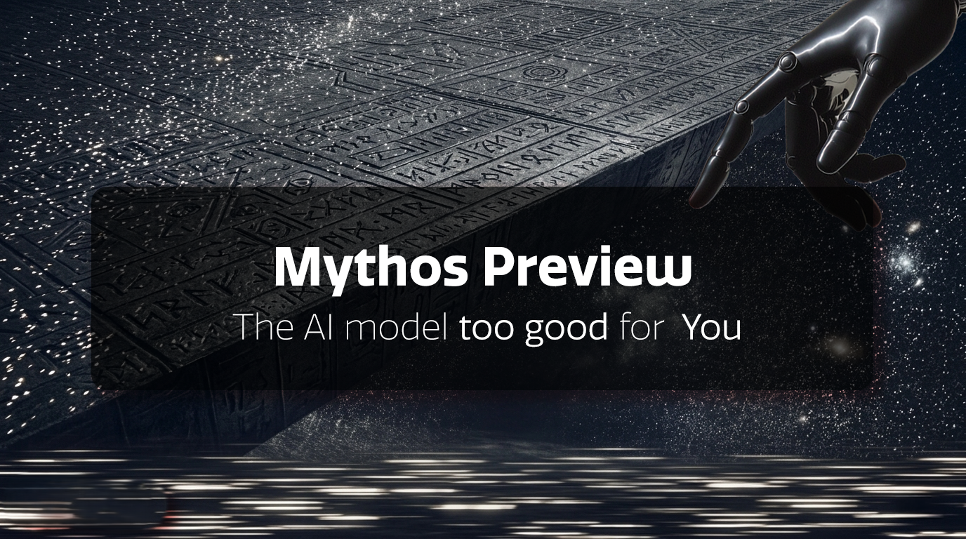 من موقع فون إسلام: تمتد يد آلية نحو متراصة مستقبلية مغطاة بالهيروغليفية تمزج بين أمن آبل والذكاء الاصطناعي مع نص "معاينة ميثوس: نموذج الذكاء الاصطناعي جيد جدًا بالنسبة لك" معروض في المنتصف.