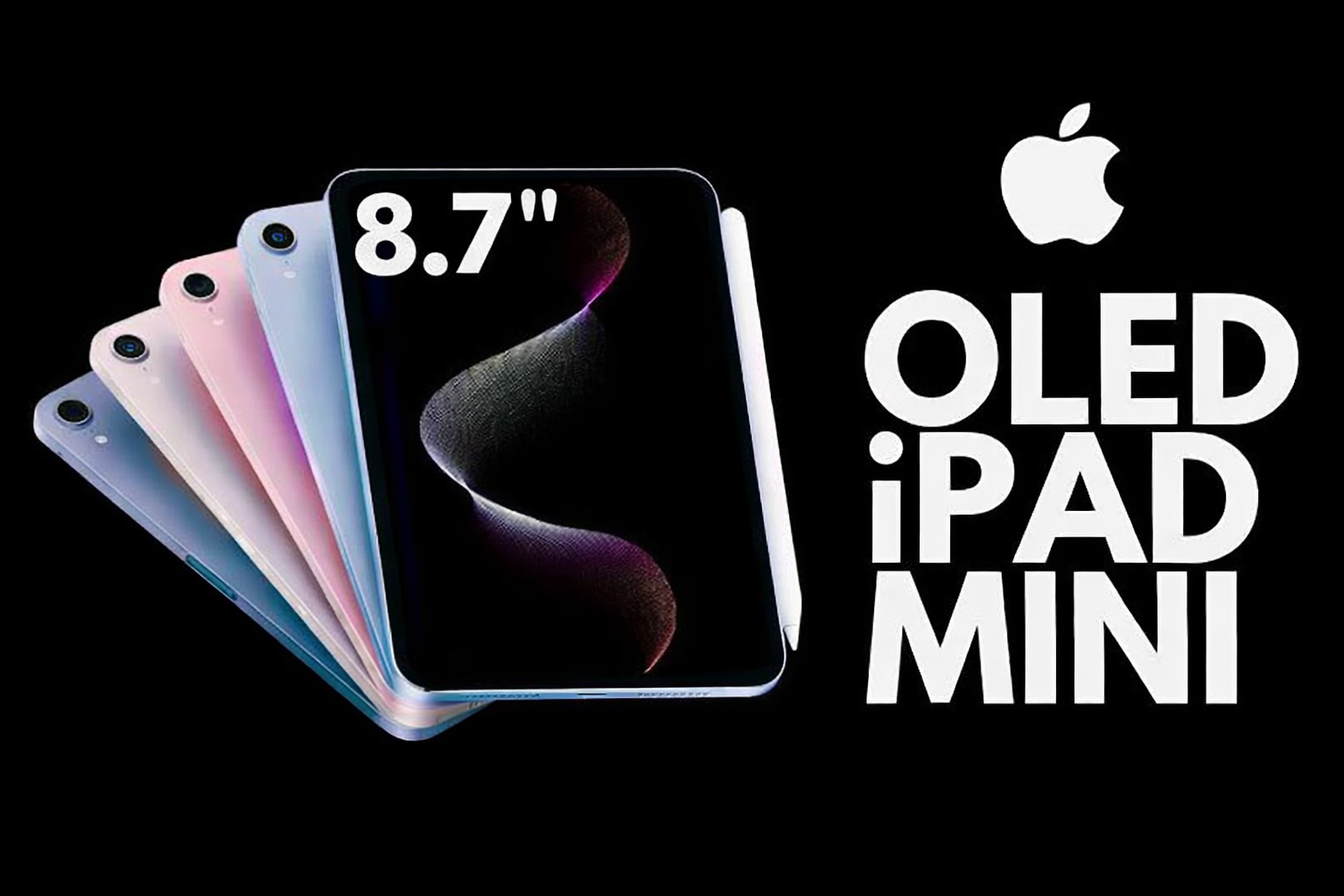 من موقع فون إسلام: يتم عرض خمسة أقراص آي باد ميني OLED بألوان مختلفة، مع نص "8.7" و"OLED iPad Mini" إلى جانب شعار Apple على خلفية سوداء أنيقة.
