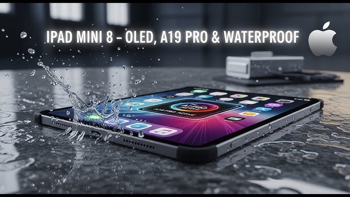 من موقع فون إسلام: يظهر جهاز iPad Mini 8 الذي يحمل علامة آي باد ميني OLED على سطح مبلل مع تناثر الماء عليه، مما يسلط الضوء على شاشة OLED النابضة بالحياة وشريحة A19 Pro القوية وميزة مقاومة الماء الرائعة.