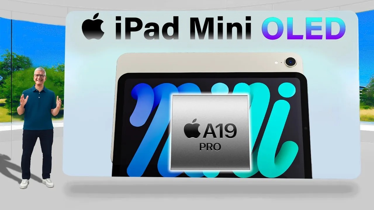 من موقع فون إسلام: شخص يقف إلى جانب شاشة تعرض شاشة عرض ميني OLED مع رسم شريحة A19 Pro على الشاشة.