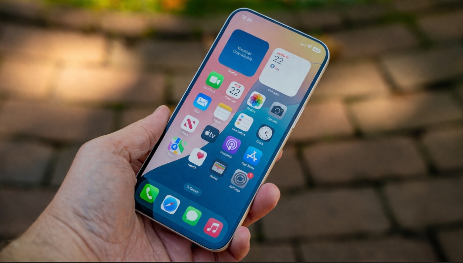 من موقع فون إسلام: شخص يحمل هاتفًا ذكيًا يعرض الشاشة الرئيسية مع العديد من أيقونات التطبيقات والأدوات المختلفة، على خلفية خارجية غير واضحة، توضح كيف آبل تعيد اختراع الآيفون ليواكب أحدث الابتكارات.