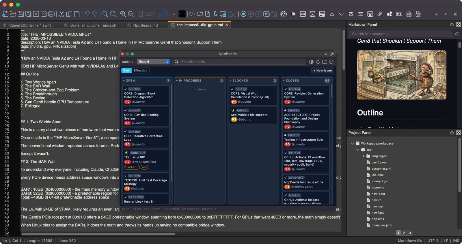 من موقع فون إسلام: لقطة شاشة لشاشة كمبيوتر تُظهر محرر أكواد ذي طابع داكن مع ملف تخفيض السعر وأداة واجهة برمجة التطبيقات وشريط جانبي يعرض معلومات المشروع وتحديثات أخبار الأسبوع وصورة غلاف الكتاب.