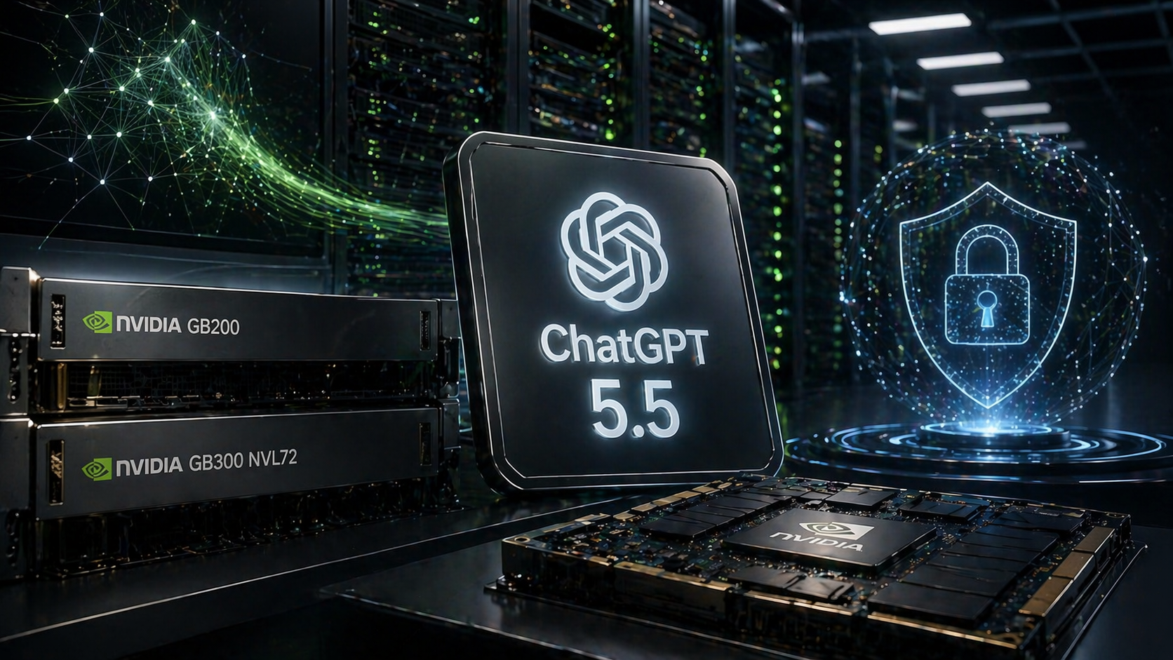 من موقع فون إسلام: صورة رقمية تُظهر أجهزة NVIDIA، وشعار GPT-5.5.5، ورقاقة إلكترونية، ورسم درع قفل عائم في غرفة خادم مستقبلية.