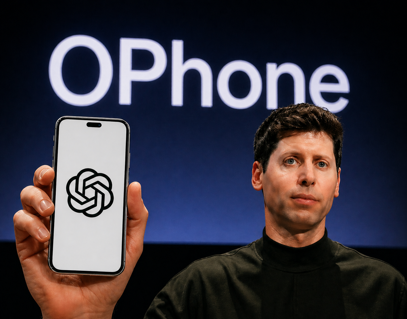 من موقع فون إسلام: رجل يحمل هاتفًا ذكيًا يعرض شعار OpenAI أمام شاشة كبيرة مكتوب عليها "OPhone"، في لقطة تلخص ملخص أسبوعي لأبرز أخبار تقنية وأخبار على الهامش.
